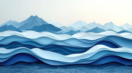 Poster - Abstract Blue Waves and Mountain Landscape in Layered Paper Design