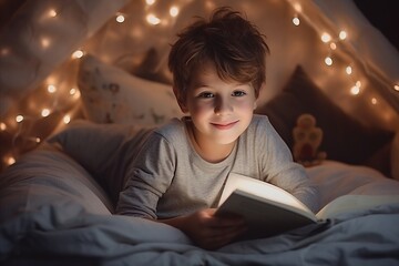 Wall Mural - Portrait of a cute little boy reading a book in bed at home