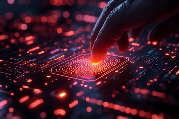 Poster - digital fingerprint scanner glowing on a touchscreen with futuristic security icons.