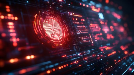 Poster - digital fingerprint scanner glowing on a touchscreen with futuristic security icons.