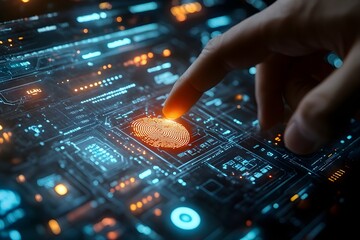 Poster - digital fingerprint scanner glowing on a touchscreen with futuristic security icons.