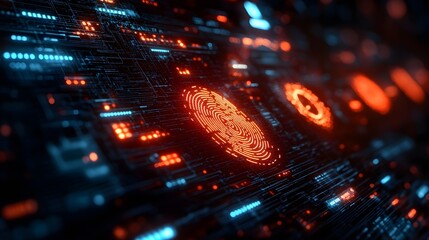 Poster - digital fingerprint scanner glowing on a touchscreen with futuristic security icons.