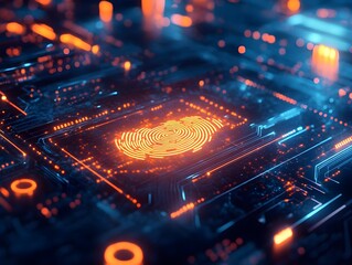 Poster - digital fingerprint scanner glowing on a touchscreen with futuristic security icons.