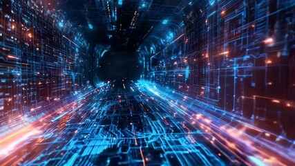 Poster - Futuristic digital tunnel with blue and orange light streaks