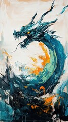 Wall Mural - Abstract Painting of a Teal Dragon in Motion