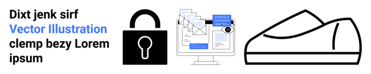 Lock, computer with website interface, modern shoe icon. Ideal for e-commerce, cybersecurity, web design, development themes, digital marketing, creative industries. Landing page
