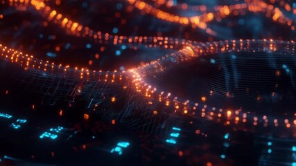 Poster - Dynamic flow of glowing particles and digital grid patterns in motion