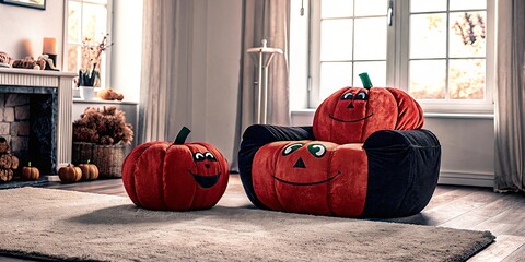 Poster - A room with a pumpkin chair and a pumpkin footstool