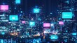 © ellisa_studio - Global Network: Cityscape at Night with Floating Laptops Displaying Digital Data
