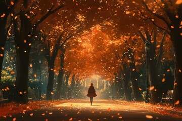 Canvas Print - autumnal scene: woman walks beneath falling leaves in a tree-lined path. perfect for projects about 