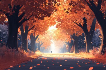 Canvas Print - autumnal path with vibrant foliage, lone figure walking. perfect for autumnal themes, peaceful scene