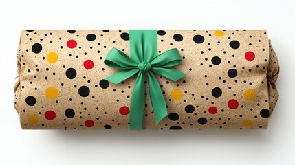 Wall Mural - Gift Wrapped in Brown Paper with Green Ribbon and Dot Pattern