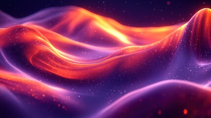 Wall Mural - Abstract fiery orange and purple flowing waves with glowing particles.