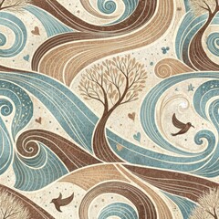 Sticker - Whimsical Abstract Landscape Swirling Waves Trees and Birds Artistic Nature Design