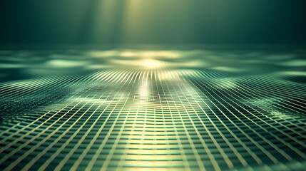 Wall Mural - Dynamic waves of light reflected on a grid digital environment abstract concept tranquil atmosphere wide view