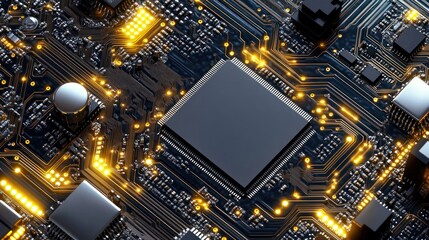 Poster - Close-up of a Circuit Board:  High-Tech Motherboard with Illuminating Gold Traces