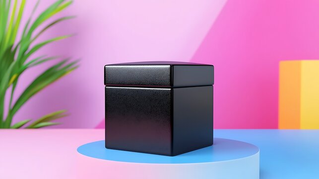 Black Cube Gift Box on Pastel Background
