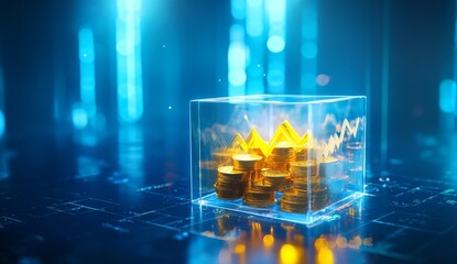 Poster - Gold coins and crown in glass cube, financial growth chart background.