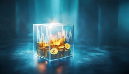 Poster - Gold coins in glass cube with stock chart.
