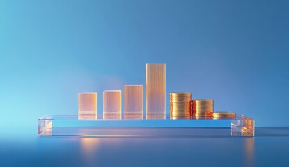 Poster - Gold bars and coins on glass tray, rising graph.