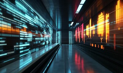 Wall Mural - futuristic abstract corridor with dynamic light patterns representing data streams in a technologica