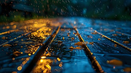 Poster - Raindrops on wooden surface creating magical bokeh effect with golden sunset light and blue hour atmosphere, perfect for nature photography and seasonal mood backgrounds.