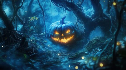 Wall Mural - ethereal glowing jack-o'-lantern in enchanted misty forest, carved face illuminated by mysterious bl