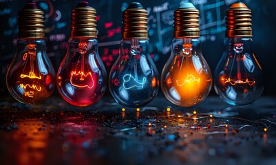Poster - Creative glowing light bulbs with colorful neon smoke inside on wet reflective surface, perfect for innovation concepts and modern business design background.