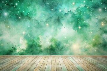 Wall Mural - empty room with a celestial green and gold watercolor wall featuring sparkling stars and a light woo