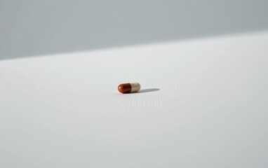 Wall Mural - A single  capsule pill resting on a clean white surface, casting a subtle shadow.