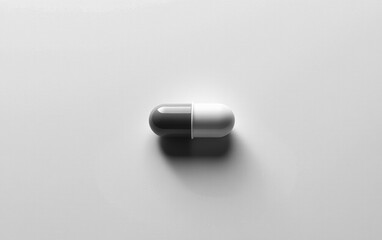 Wall Mural - A single  capsule pill resting on a clean white surface, casting a subtle shadow.