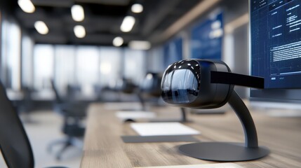 Aufkleber - Stylish modern office workspace featuring futuristic virtual reality headset on a desk beside a computer monitor displaying coding and digital interface in a tech environment