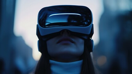 Poster - Woman Wearing Virtual Reality Headset Experiencing Digital Innovation and Immersive Technology in a Futuristic Urban Environment at Dusk