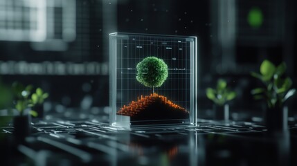 Poster - Futuristic Visualization of Plant Growth Represented by a 3D Green Tree in a Transparent Cube with Data Graphs and Digital Background for Eco-Friendly Concepts