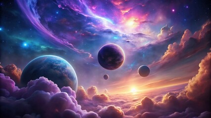 Wall Mural - celestial bodies adrift in a dreamlike cosmic landscape with vibrant nebulae and sunset hues