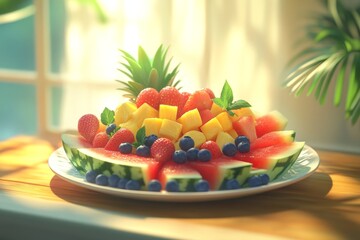 Wall Mural - Sunlit platter of fresh watermelon, pineapple, strawberries, blueberries, and mango.