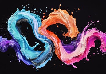 Poster - Abstract colorful paint swirls on black background.