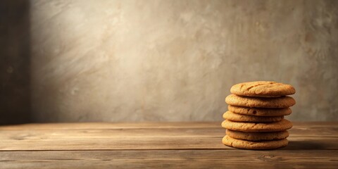 Wall Mural - A Stack of Golden Brown Cookies on Rustic Wooden Table Against a Textured Background