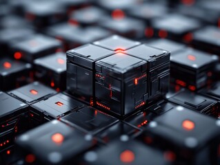 Poster - Futuristic black cubes arranged in a grid with glowing red accents highlighting a central piece at dusk