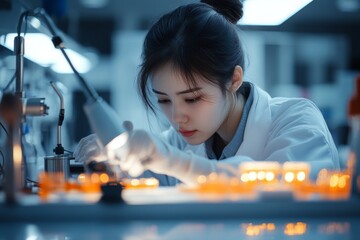 Poster - Scientist examining samples in a laboratory at night with advanced equipment