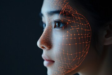 Poster - Digital facial mapping technology highlights intricate details of a woman's profile in a darkened setting