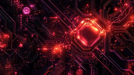 Poster - Abstract Circuit Board: Red Glowing Lines and Hexagon