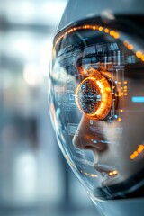 Poster - Futuristic close-up of a person wearing a high-tech helmet with digital graphics reflecting in the visor