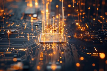 Poster - Circuit board with glowing microchip surrounded by radiant data streams illuminates dark background