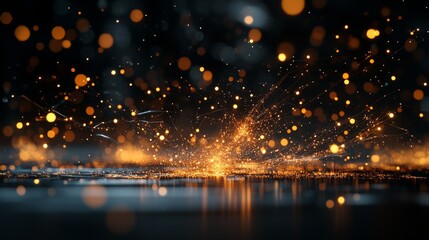 Poster - Bright sparks of light dance across a dark surface during a creative lighting display at night