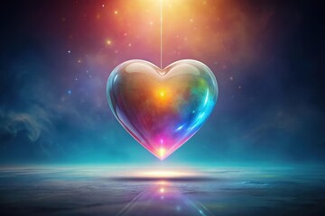 Wall Mural - a cosmic heart, suspended in a vibrant nebula, reflects ethereal light onto a serene, reflective pla