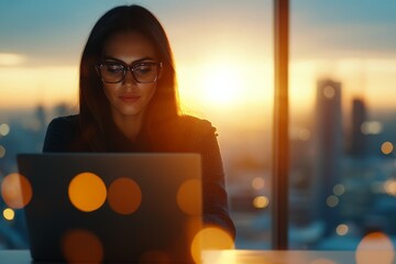 Poster - Professional woman working on laptop at sunset in urban office space