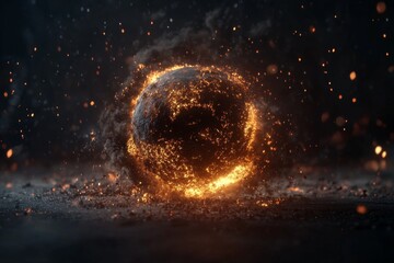 Poster - Glowing sphere surrounded by flames and sparks at night in a dark environment