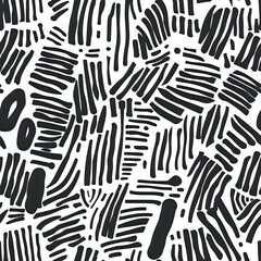 Poster - Abstract black and white seamless pattern with hand drawn brush strokes and dashed lines creating a dynamic modern design perfect for textile, packaging and surface design projects.