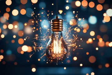 Wall Mural - Light bulb emits sparks against a blurred backdrop of glowing lights in a creative display